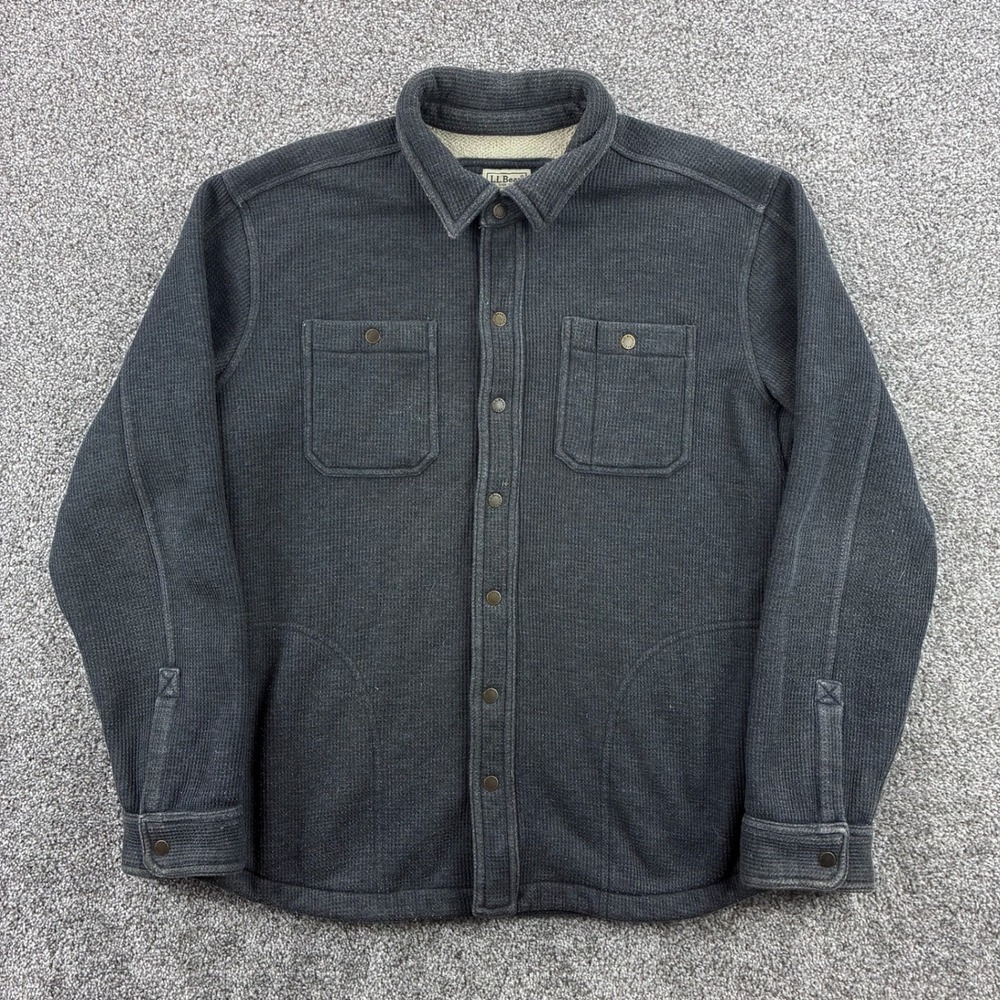 LL Bean Shirt Jacket Mens Large Gray Fleece Lined Waffle Knit Snap Button 505669